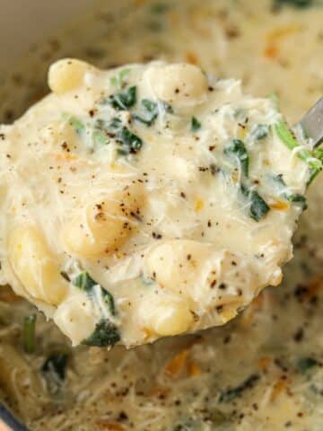 A soup ladle filled with a creamy chicken soup.