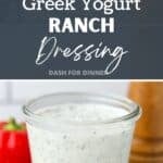 A wooden spoon stirring ranch dressing in a glass jar.