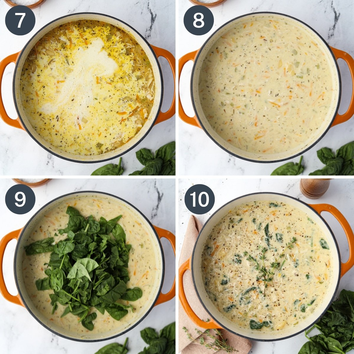 Adding spinach to a creamy soup, then stirring it in until it's well distributed.