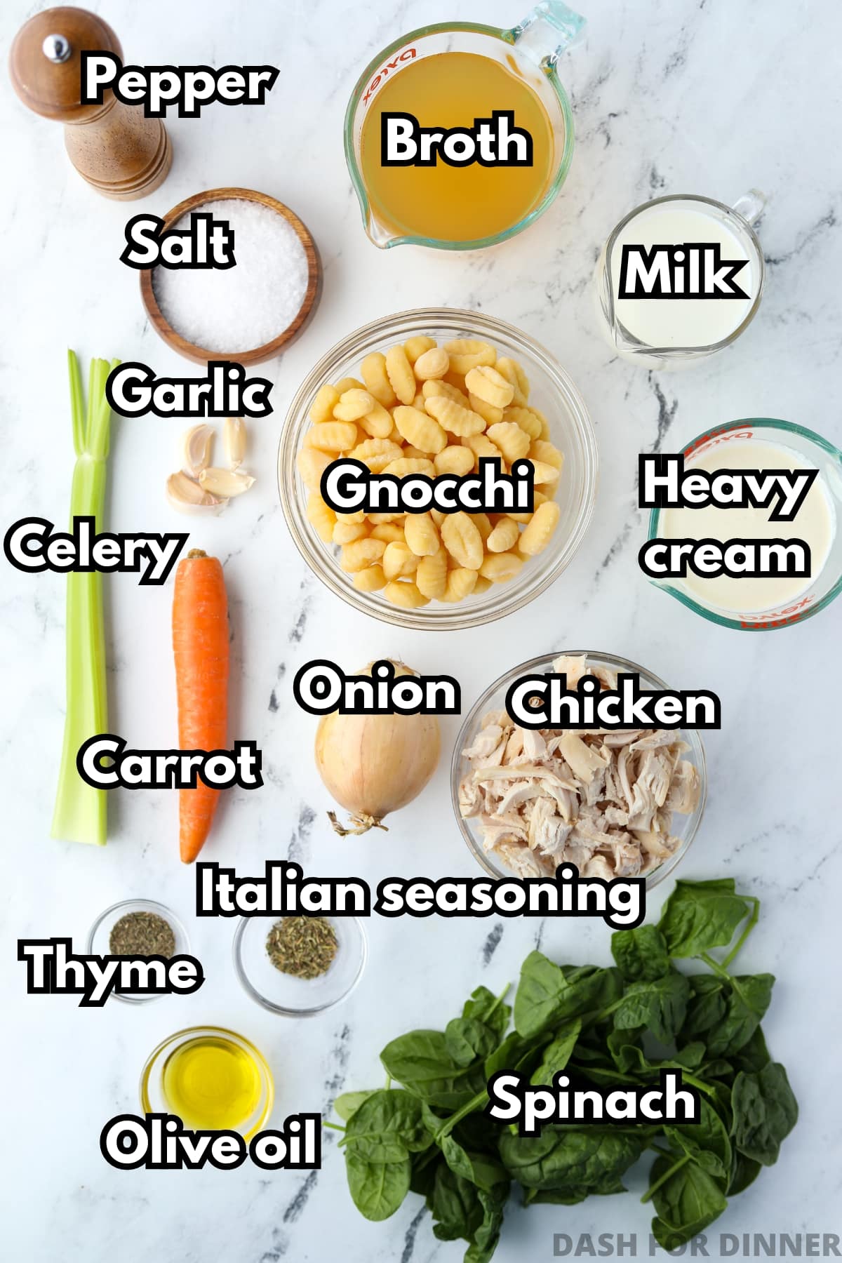 The ingredients needed to make gnocchi soup, including chicken, broth, heavy cream, milk, spinach, and vegetables.