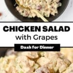 A black bowl filled with chicken salad, being tossed with serving spoons.