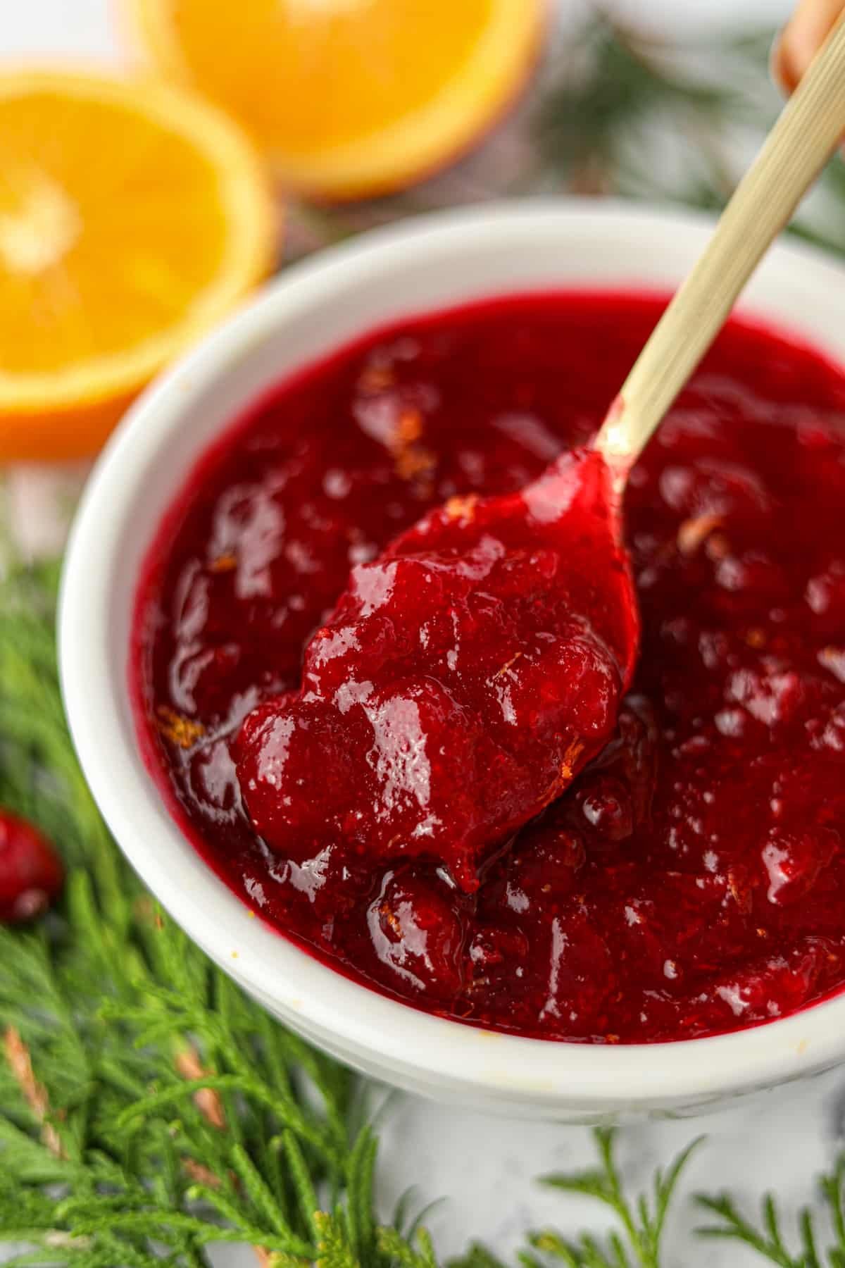 A gold spoon stirring a small bowl of cranberry sauce.