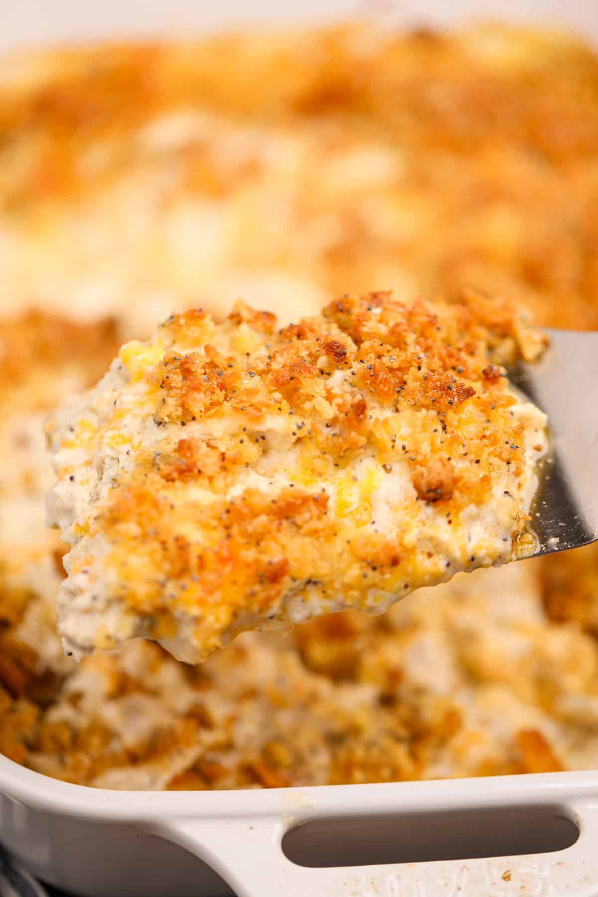 A close up of a creamy casserole topped with a cruncy topping featuring poppy seeds.