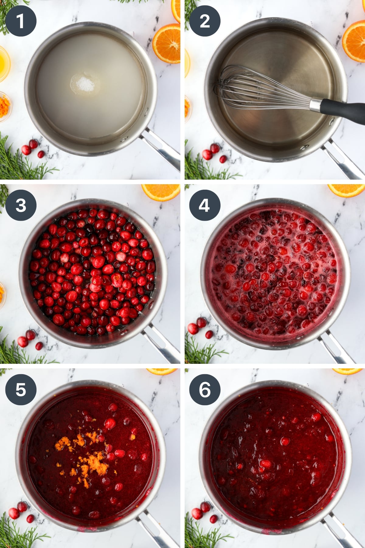 Adding cranberries to a mixture of sugar and water, and. cooking until they are broken down into a sauce.