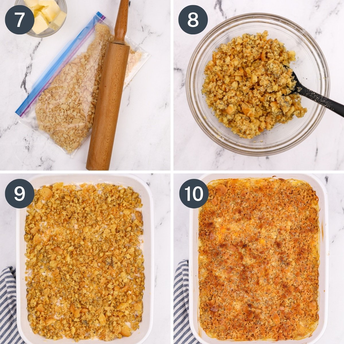 Crushing crackers in a plastic bag, then mixing with butter and adding it to a casserole dish.