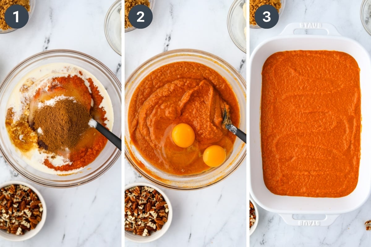 Mixing pumpkin puree with other ingredients, then smoothing into a baking dish.