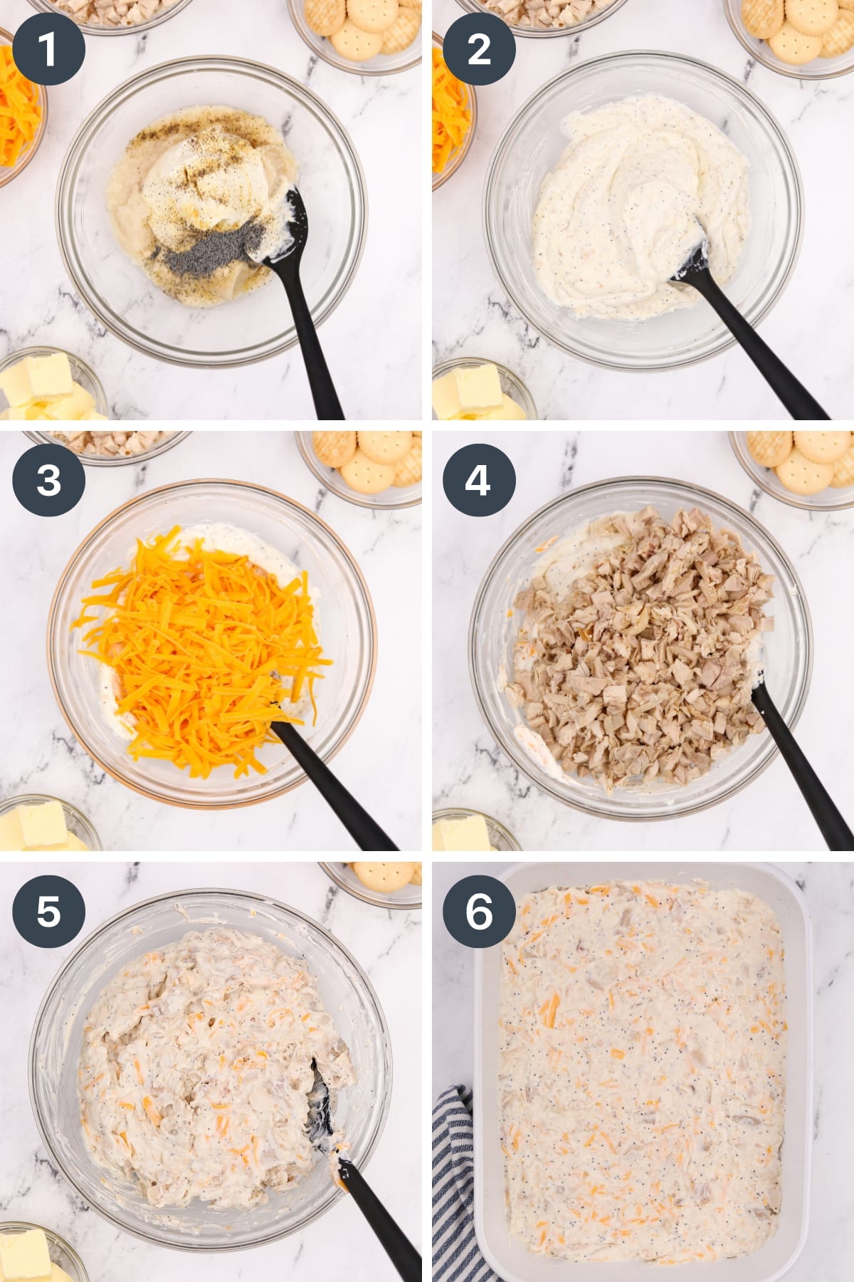 Adding cream of chicken soup, sour cream, cheese, and chicken to a bowl. It's then spread into a baking dish, topped with crushed crackers, and baked.