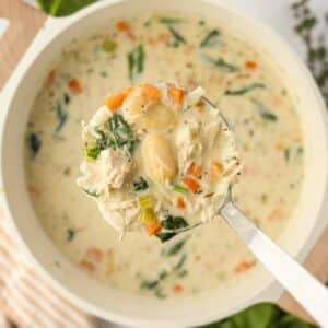 A ladle full of creamy soup being lifted from a pot.