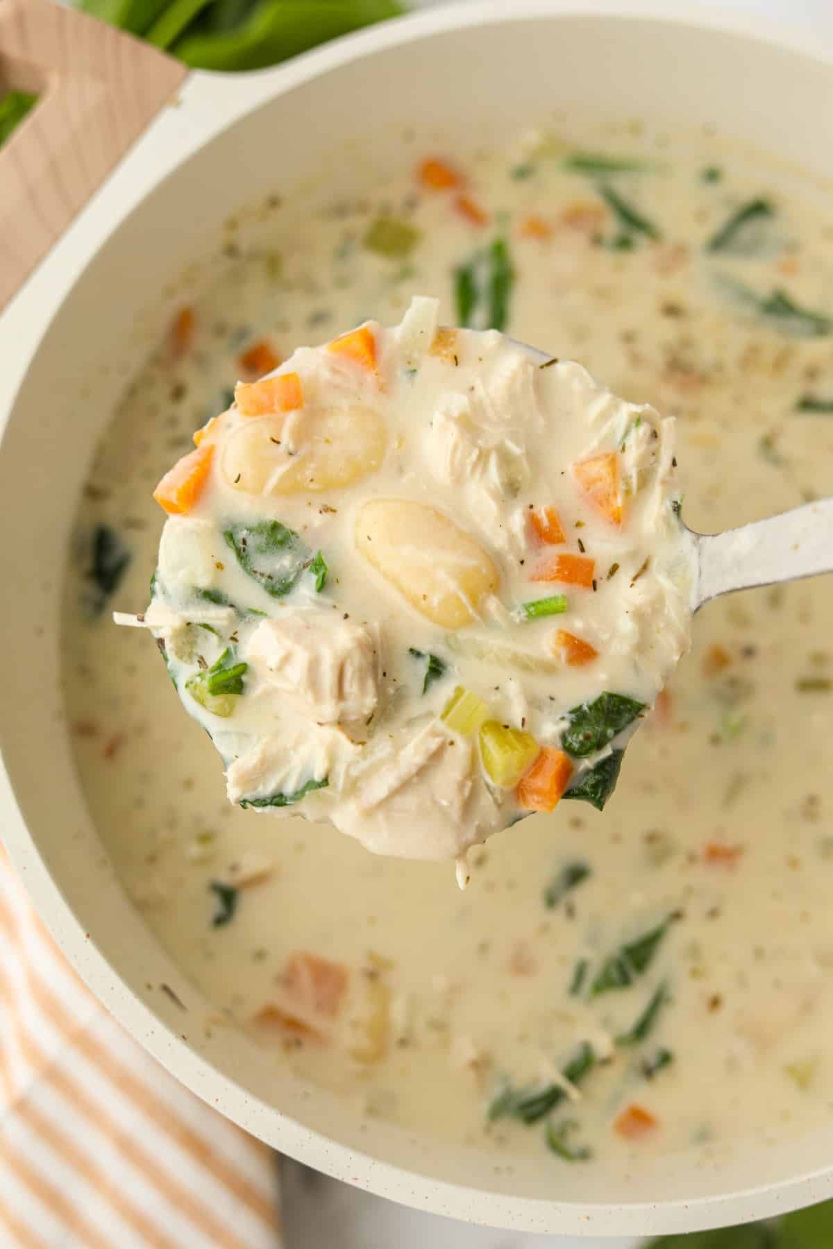 A ladle holding up a scoop of turkey and gnocchi soup.