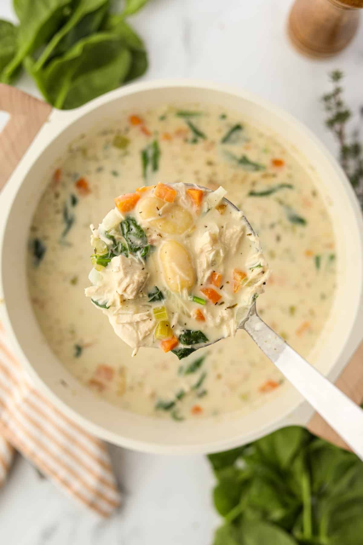 A ladle lifting soup from a pot.