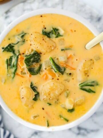 A bowl of cheesy soup with bits of spinach, gnocchi, and carrot suspended in the bowl.