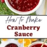 A saucepan featuring cranberry sauce, with the next frame showing it in a serving dish.