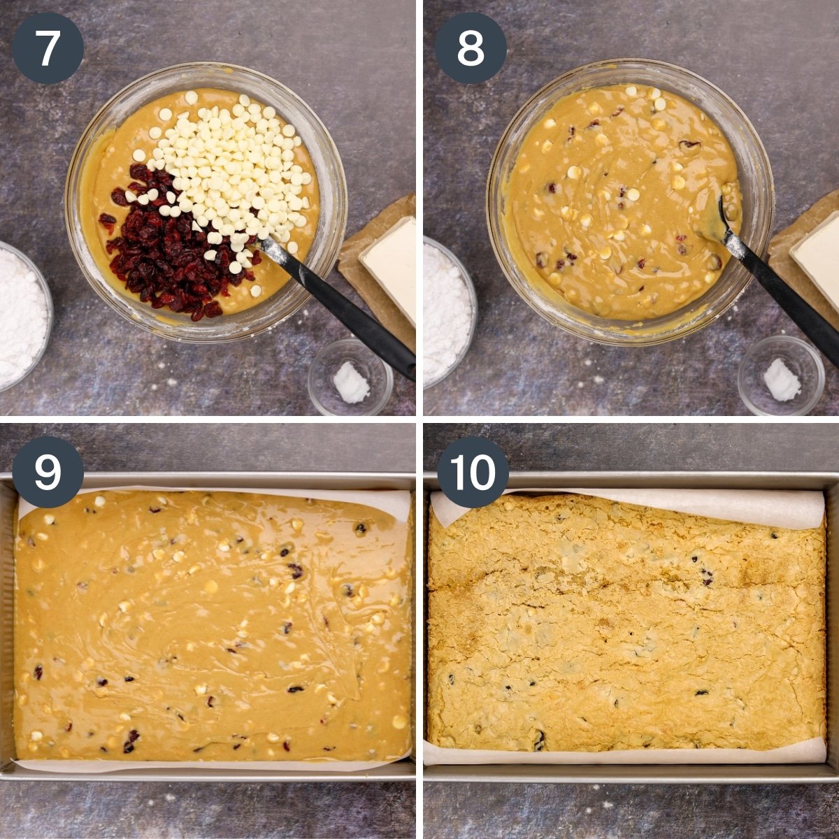 Adding dried cranberries and white chocolate to a batter, then spreading in a baking pan and baking until golden.