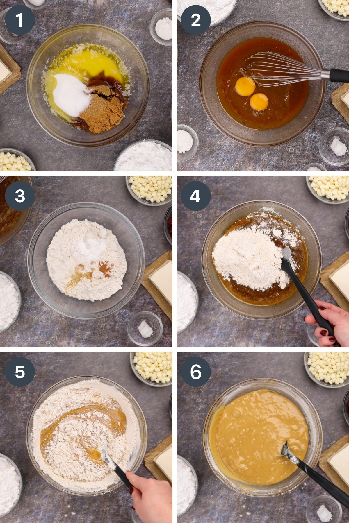 Mixing together melted butter, sugar, brown sugar, and dry ingredients to make a batter.