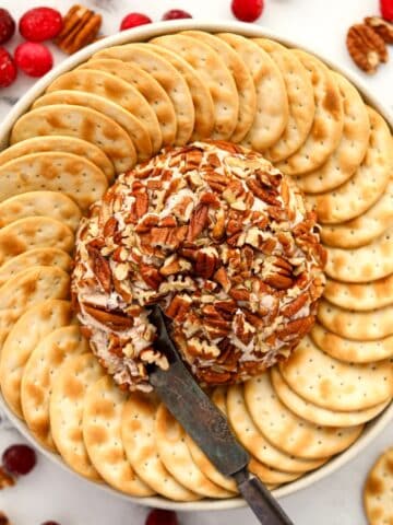 A round cheese ball in the center of a plate surrounded by crackers.