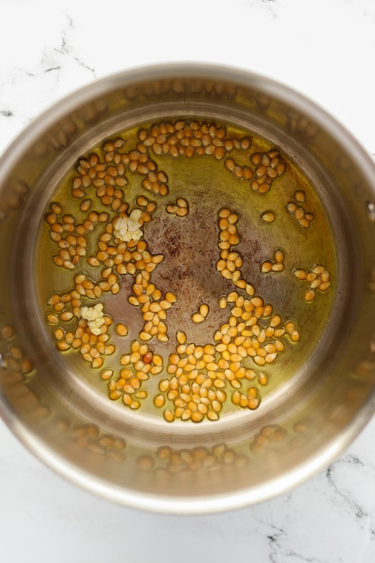 A large pot filled with oil and a few popcorn kernels.