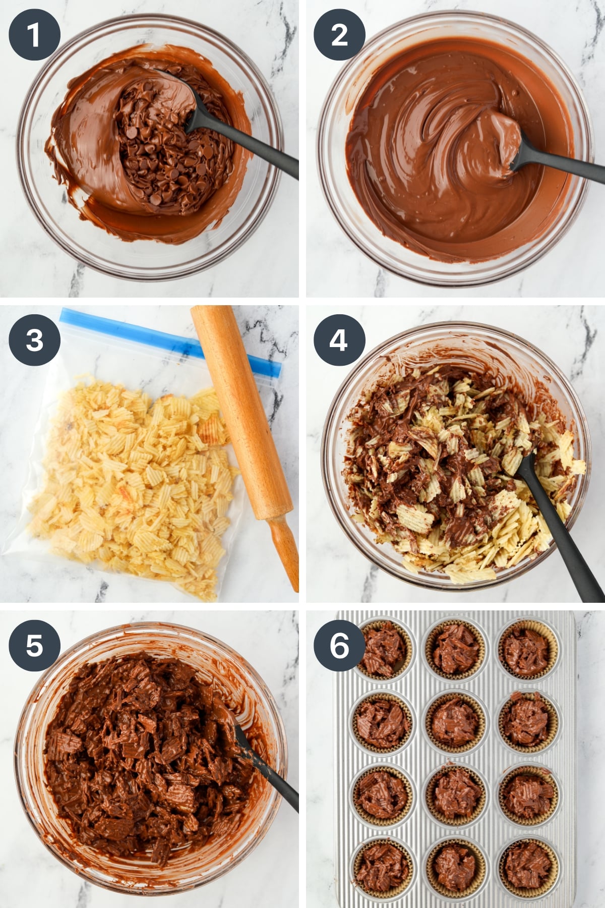 Adding crushed potato chips to melted chocolate, then portioning into a muffin cup.