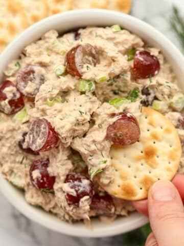 Dipping a cracker into a bowl of tuna salad.