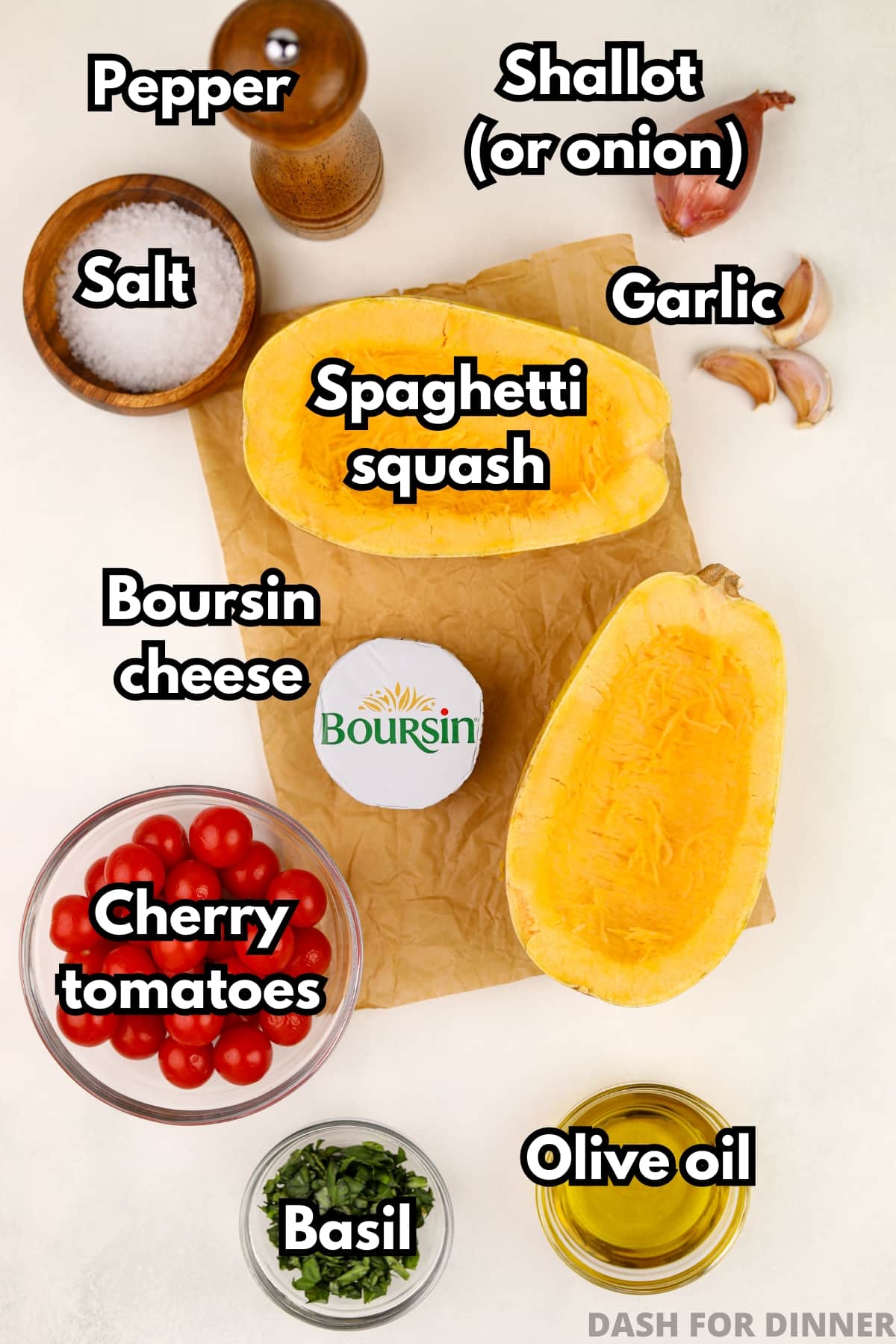 The ingredients needed to make Boursin stuffed spaghetti squash, including tomatoes, basil, olive oil, salt, and pepper.