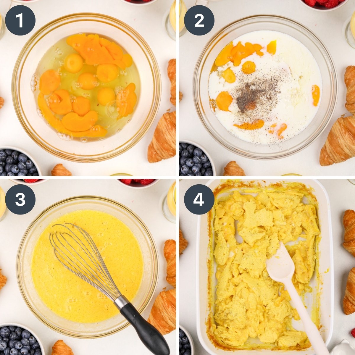 Whisking eggs in a bowl, then baking them in a ceramic baking dish.