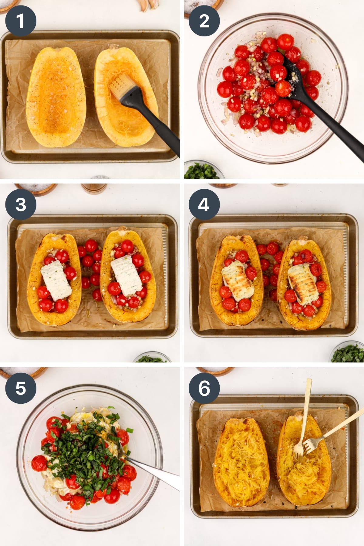 Stuffing two spaghetti squash halves with tomatoes and Boursin cheese.