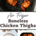 An air fryer basket filled with cooked chicken thighs.