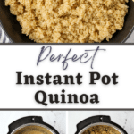 A bowl of cooked quinoa being scooped with a golden spoon.