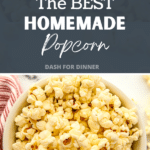A bowl filled with buttery popcorn.