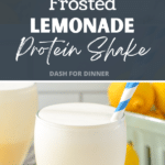 A tall glass of frosted lemonade with a paper straw.
