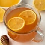 A glass mug filled with orange hued tea and garnished with lemon slices.