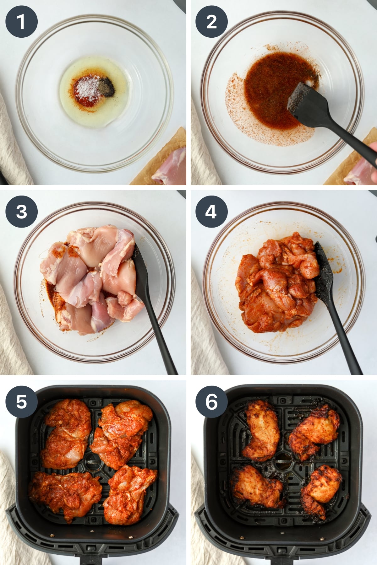 Adding chicken thighs to seasoning and oil, then transferring it to an air fryer basket.