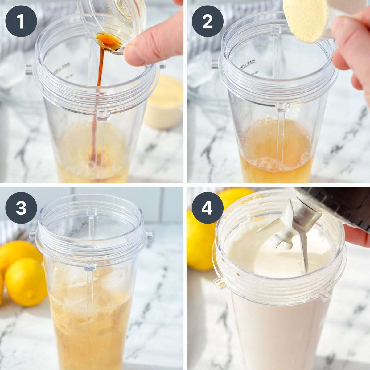 Adding lemonade, vanilla, protein powder, and ice to a blender.