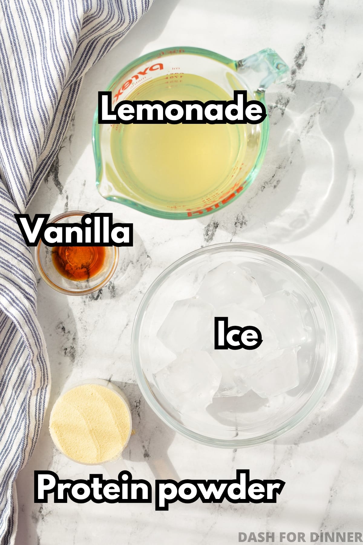 The ingredients needed to make protein lemonade: protein powder, ice, vanilla, and lemonade.