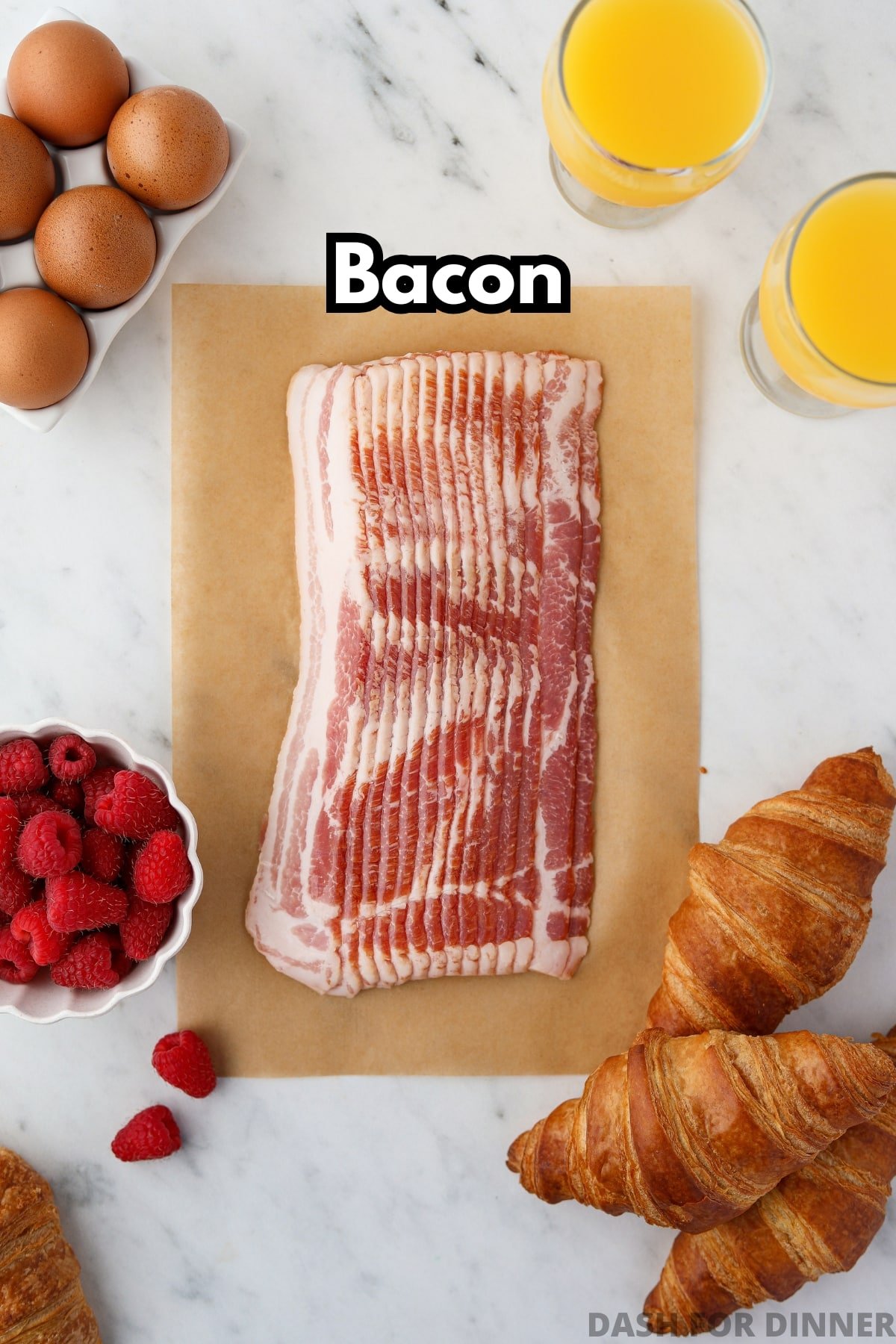 An unwrapped package of bacon on a sheet of brown parchment paper.