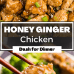 A close up on chicken stir fry coated in a honey sauce.