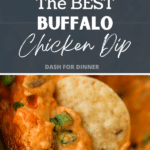 A tortilla chip being dipped into a creamy buffalo chicken dip.