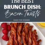 A platter filled with crispy twisted bacon slices, garnished with fresh raspberries.