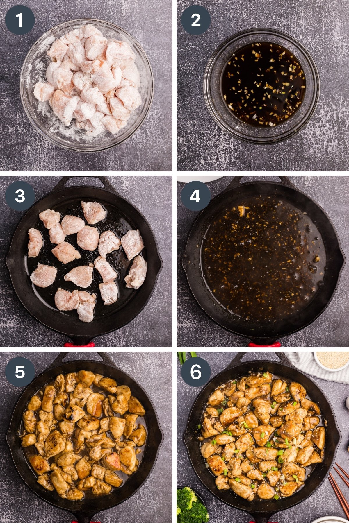 Adding coated chicken to a skillet, then simmering sauce, and finally combining the two.