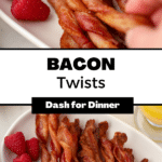 Twisted bacon on a platter, garnished with fresh raspberries.