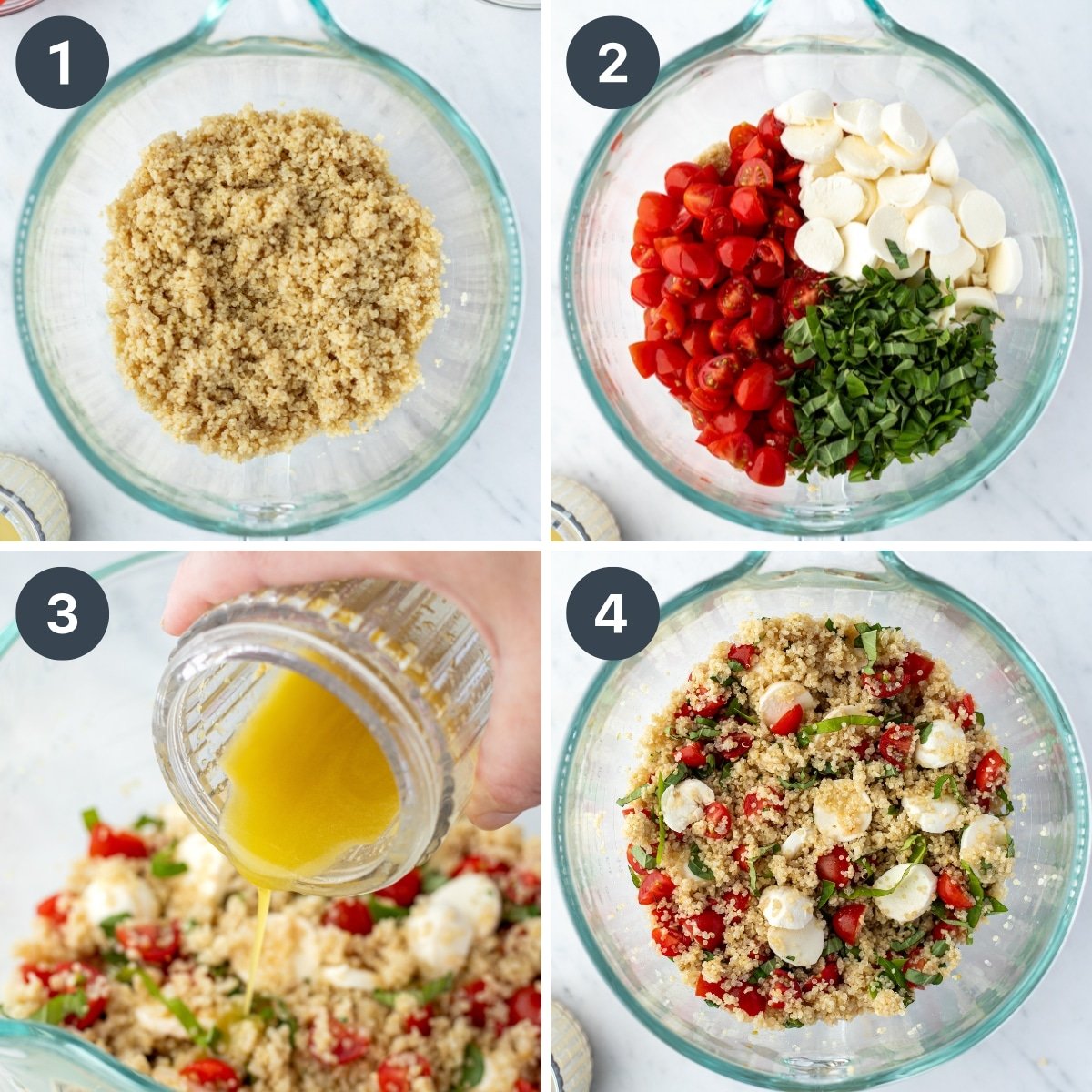 Several frames showing a bowl of quinoa, then the addition of mini mozzarella balls, tomato, and basil, and finally being tossed with a dressing.