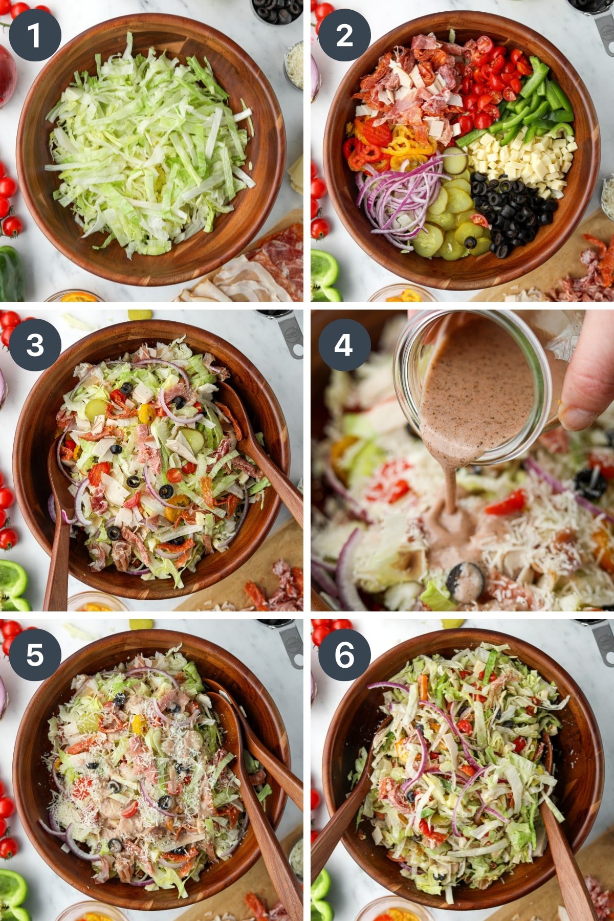 Adding toppings to a bowl full of lettuce, then tossing it with creamy dressing and parmesan cheese.