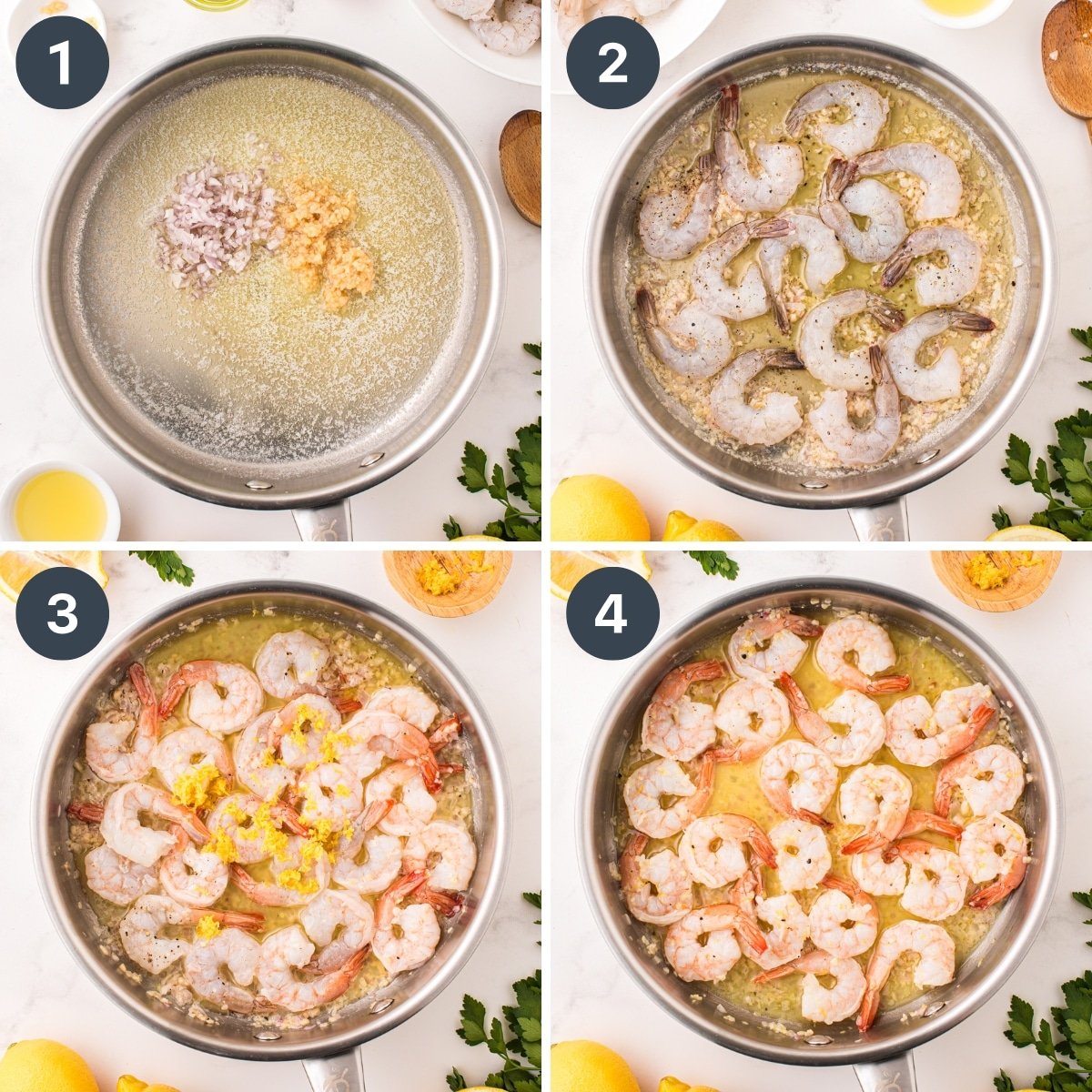 A collage showing adding shrimp to a skillet, then adding lemon zest, and then a final overhead view of cooked shrimp.