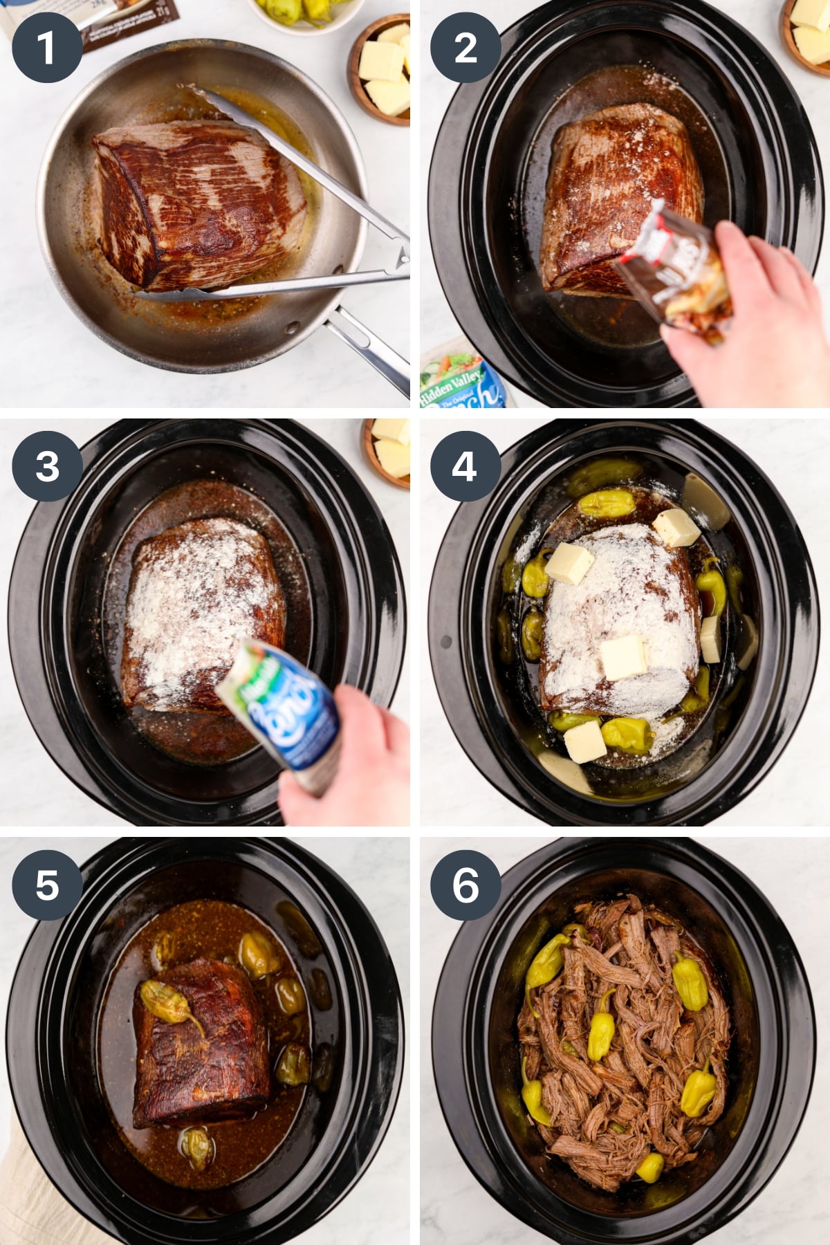 Browning a roast, then placing it in a crock pot with seasoning, butter, and pepperoncini peppers.