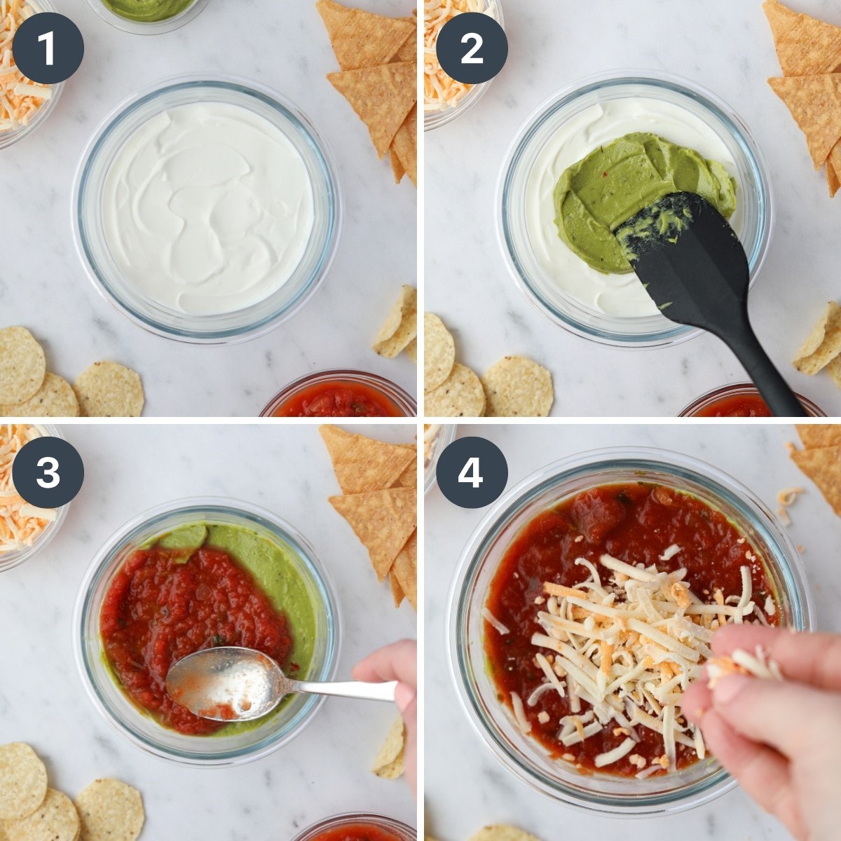 Layering Greek yogurt, guacamole, salsa, and shredded cheese into a small bowl.