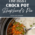 Scooping a portion of shepherd's pie from a slow cooker crock.