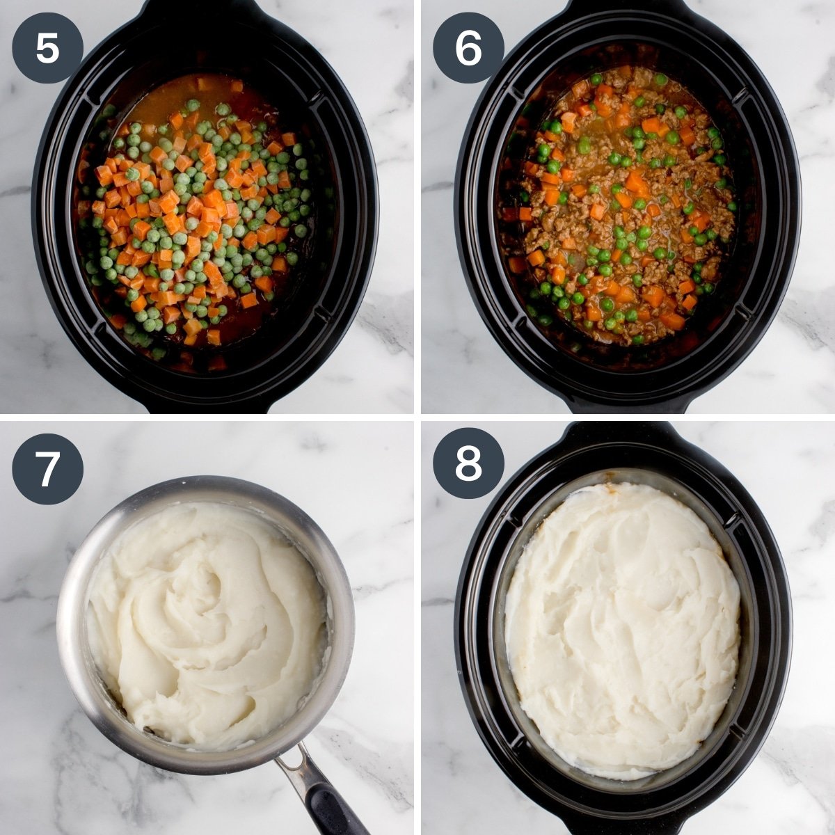 Adding mashed potatoes on top of ground beef Shepherd's pie filling in a slow cooker.