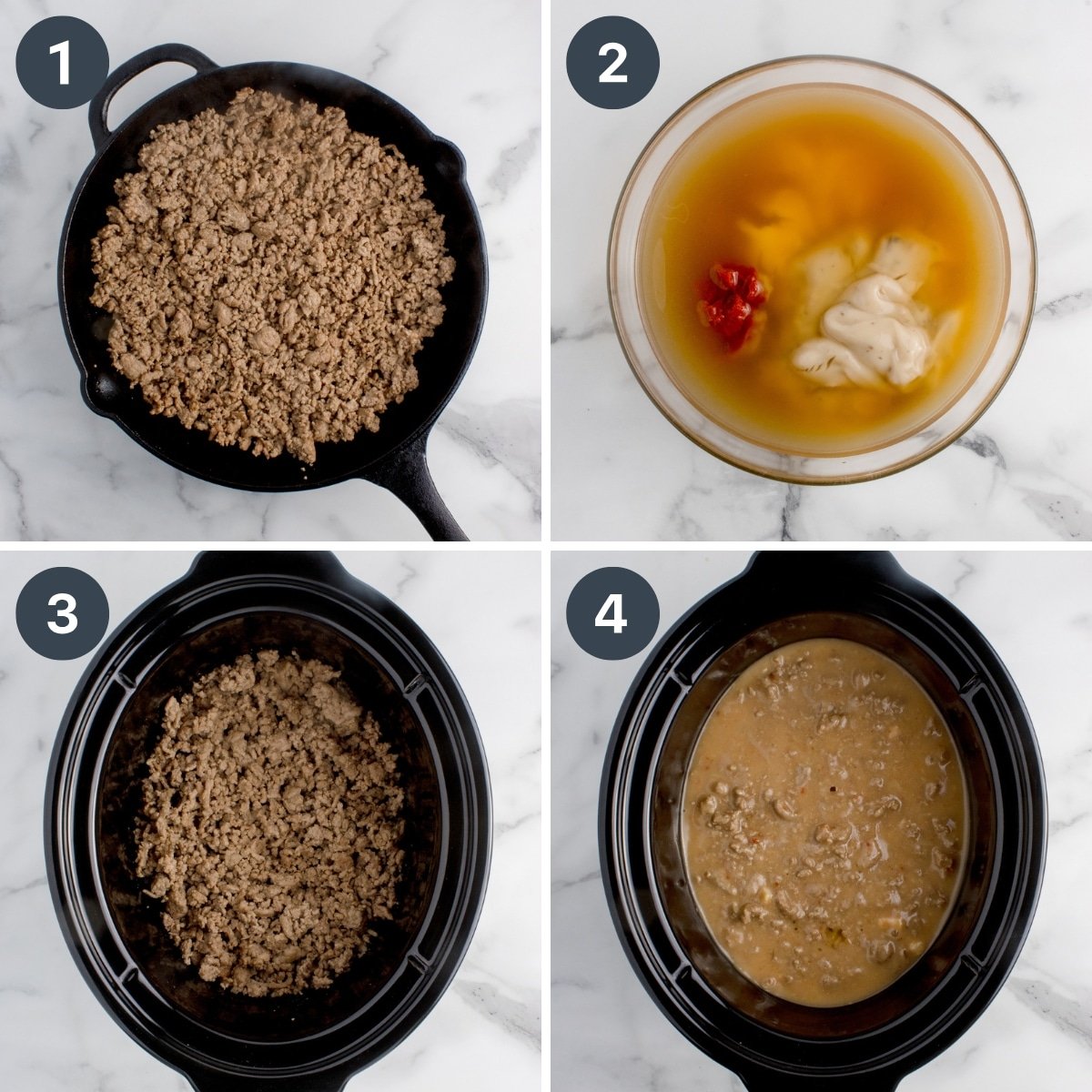 Browning ground beef and adding it to a slow cooker along with a simple sauce mixture.