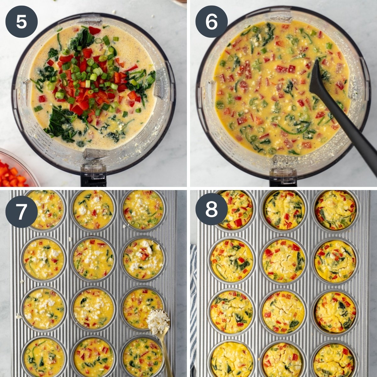 Adding spinach and red pepper to blended eggs.