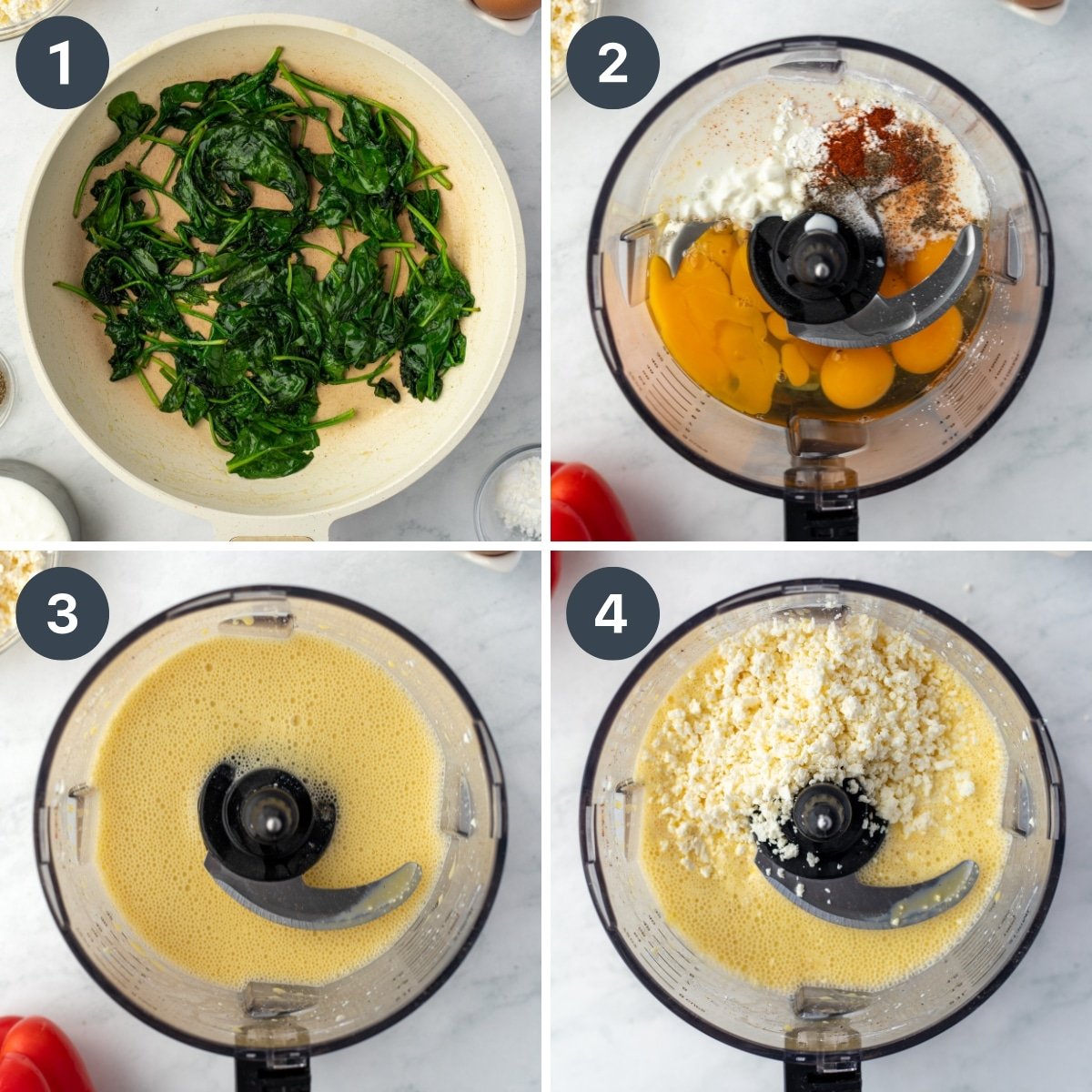 Blending eggs with cottage cheese, then adding feta cheese.
