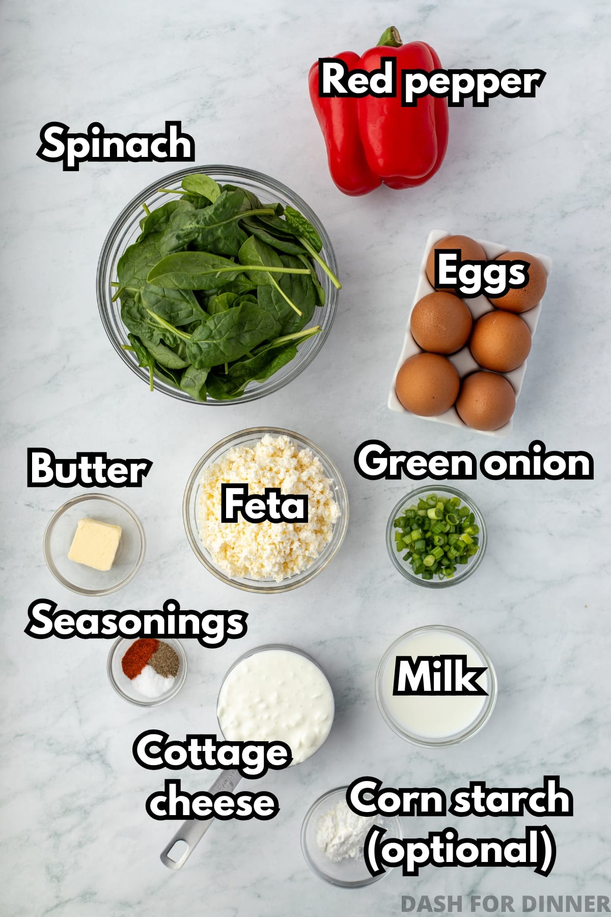 The ingredients needed to make spinach mini frittatas, including eggs, cottage cheese, and red pepper.